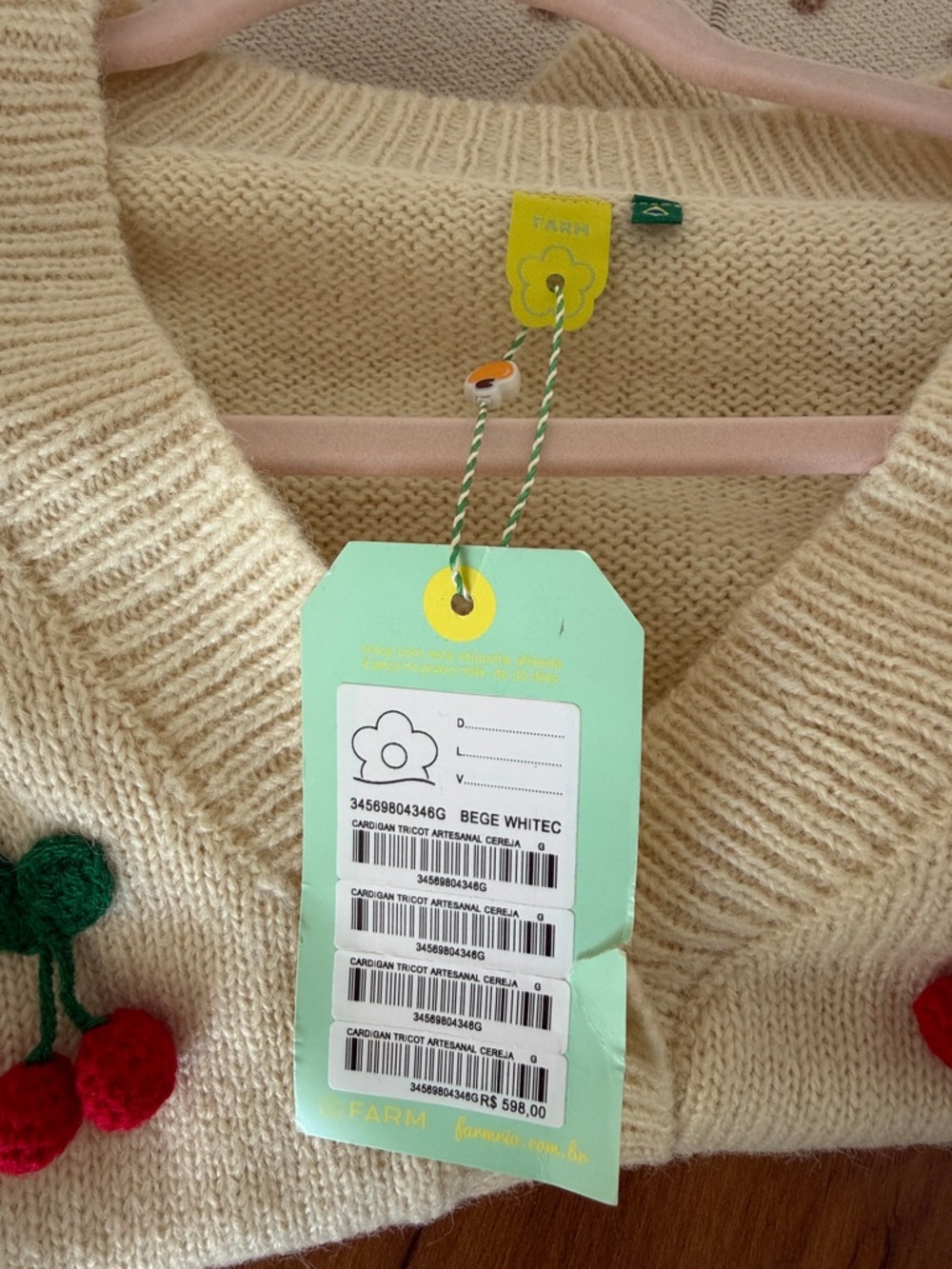 FARM Rio Cream Cropped Cardigan with Red Cherry Embroidery - Picture 7 of 7